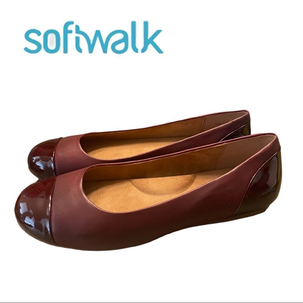 NEW SoftWalk Women's Sonoma Cap Toe Dark Red Patent Slip On Ballet Flats 9.5
